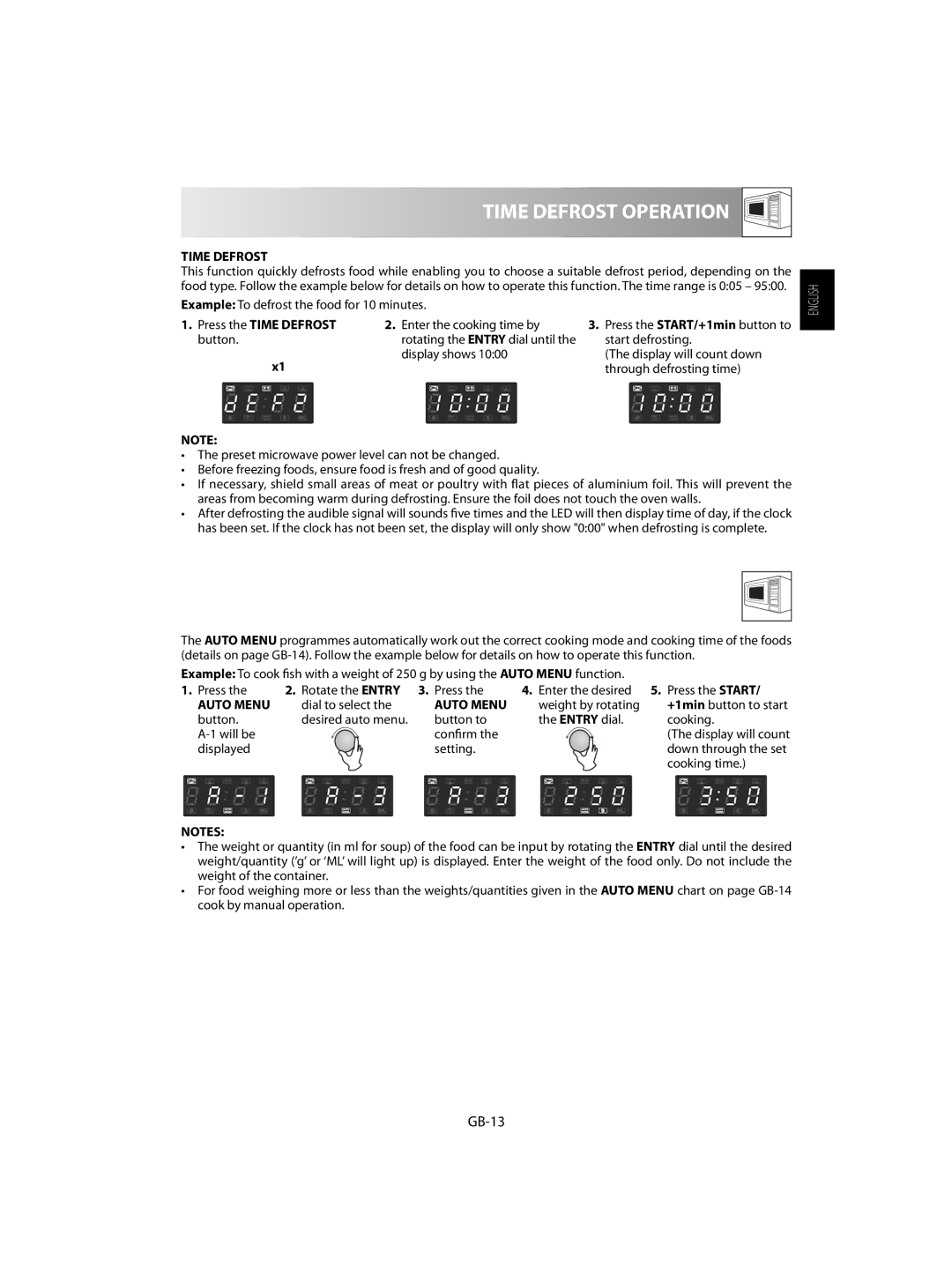 Sharp R-63ST operation manual Time Defrost Operation, Auto Menu Operation, GB-13 