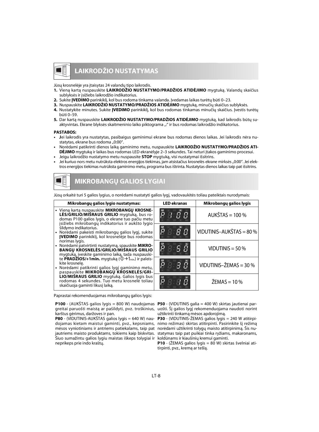 Sharp R-63ST operation manual LT-8, Te PRADŽIOS/+1min. mygtuką, Paspauskite Mikrobangų KROSNELĖS/GRI 