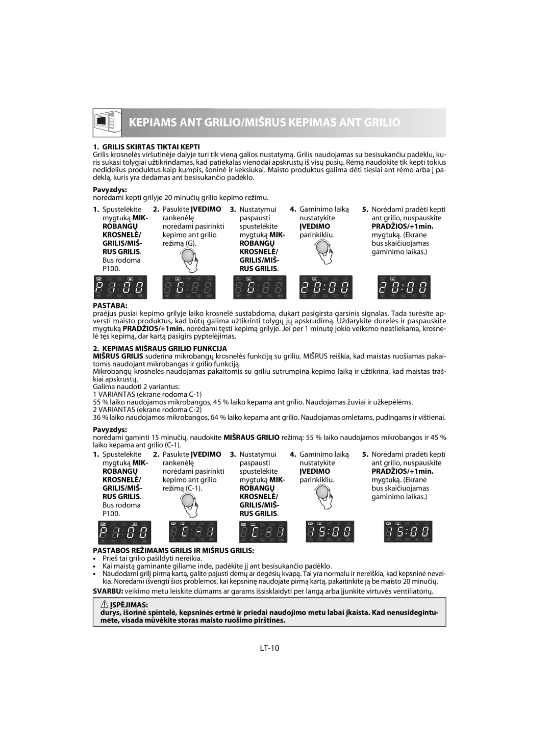 Sharp R-63ST operation manual LT-10, Grilis Skirtas Tiktai Kepti, RUS Grilis Pastaba, Kepimas Mišraus Grilio Funkcija 