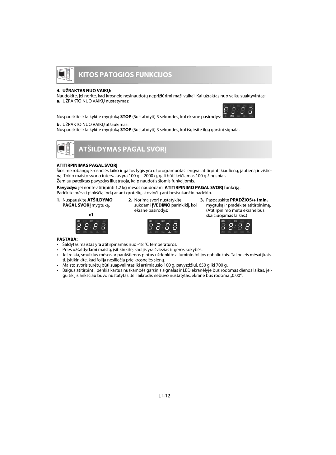 Sharp R-63ST operation manual LT-12, Užraktas NUO Vaikų, Atitirpinimas Pagal Svorį 