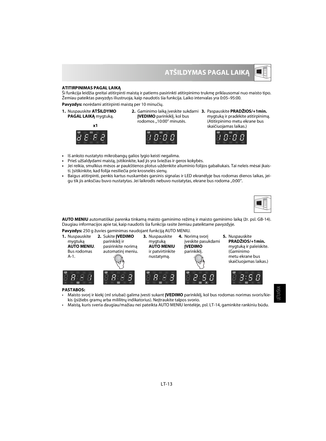 Sharp R-63ST operation manual Atšildymas Pagal Laiką, Automatinio Meniu Naudojimas, LT-13 