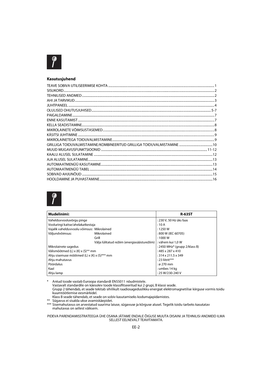 Sharp R-63ST operation manual Kasutusjuhend, EE-2, Mudelinimi 63ST, Vähem kui 1,0 W 