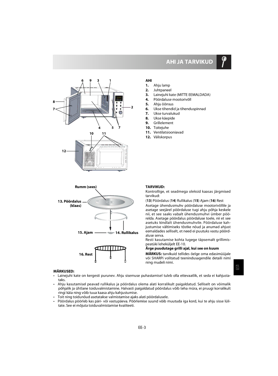 Sharp R-63ST operation manual AHI JA Tarvikud, EE-3, Ahi, Märkused 