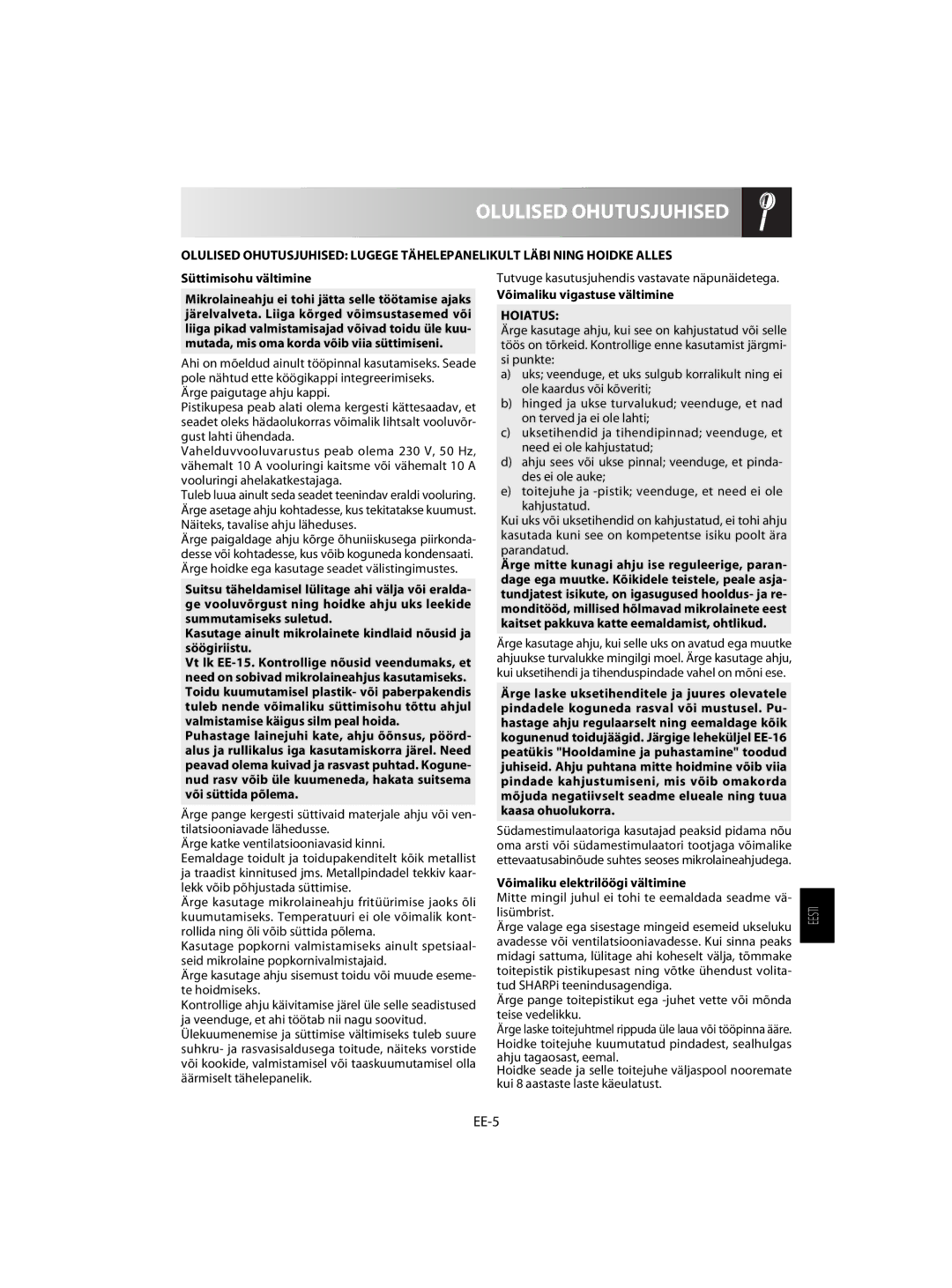 Sharp R-63ST operation manual Olulised Ohutusjuhised, EE-5, Hoiatus 