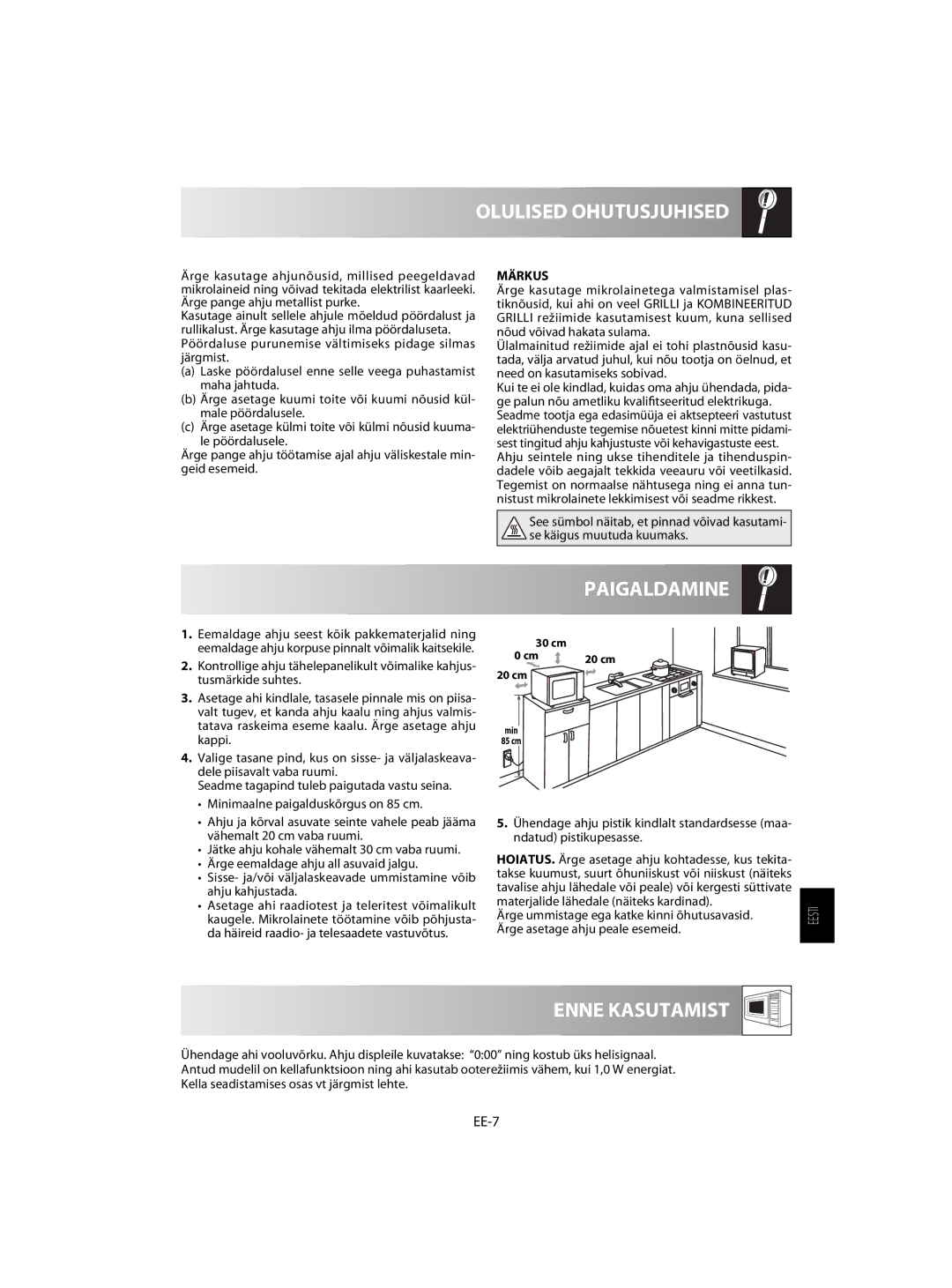 Sharp R-63ST operation manual Paigaldamine, Enne Kasutamist, EE-7, Märkus 