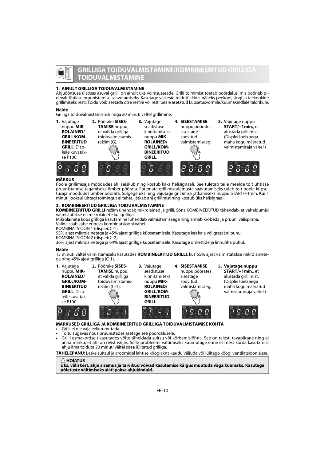 Sharp R-63ST operation manual EE-10, Ainult Grilliga Toiduvalmistamine, Kombineeritud Grilliga Toiduvalmistamine 