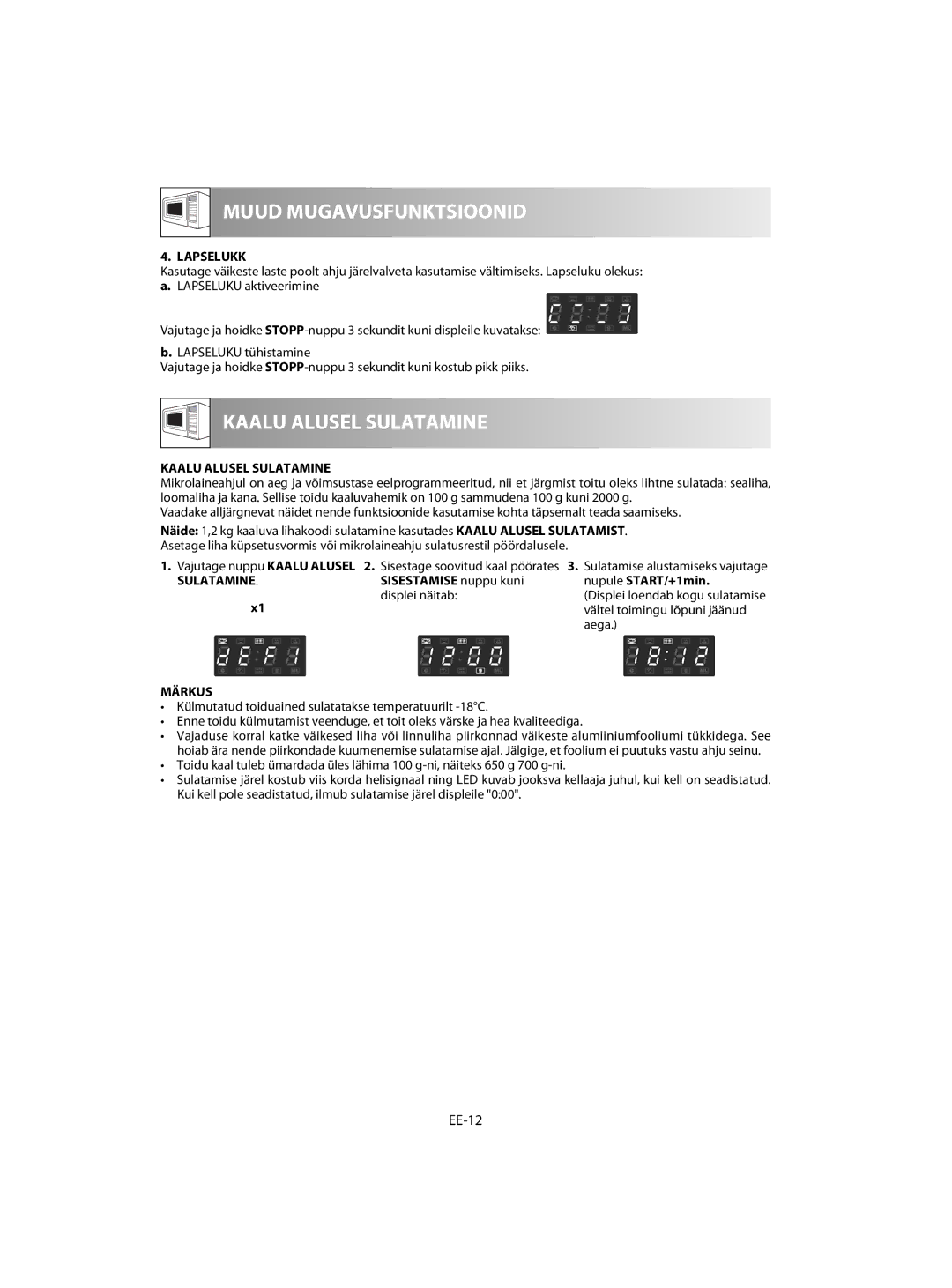 Sharp R-63ST operation manual EE-12, Lapselukk, Kaalu Alusel Sulatamine, Vajutage nuppu Kaalu Alusel 2. Sulatamine 