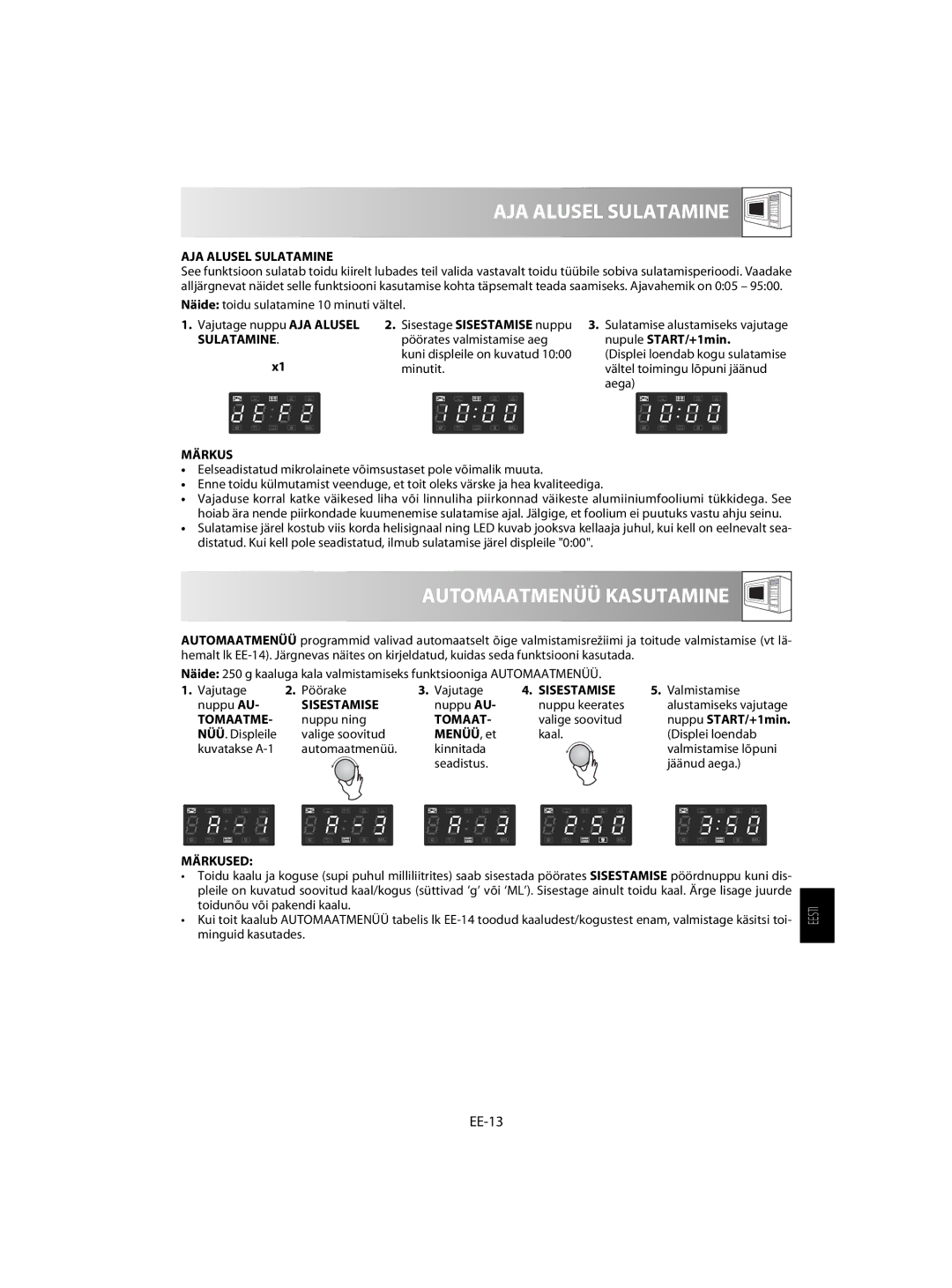 Sharp R-63ST operation manual AJA Alusel Sulatamine, Automaatmenüü Kasutamine, EE-13 