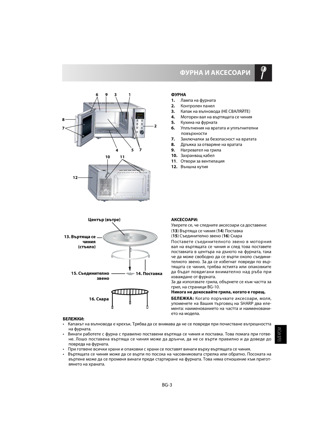 Sharp R-63ST operation manual Фурна И Аксесоари, BG-3, Бележки 