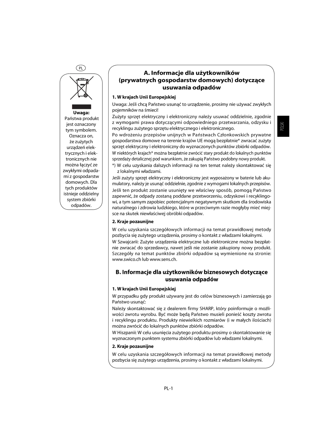 Sharp R-63ST operation manual Że zużytych, Krajach Unii Europejskiej, Kraje pozaunijne, PL-1 