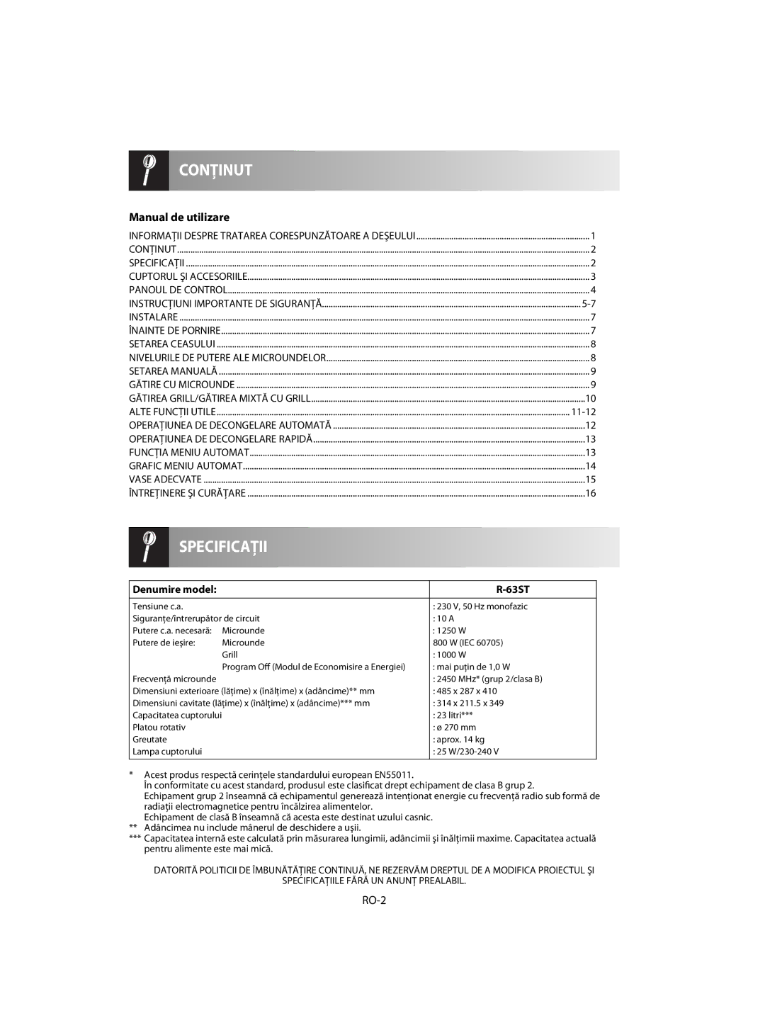 Sharp R-63ST operation manual Manual de utilizare, RO-2, Denumire model 63ST, 2450 MHz* grup 2/clasa B 