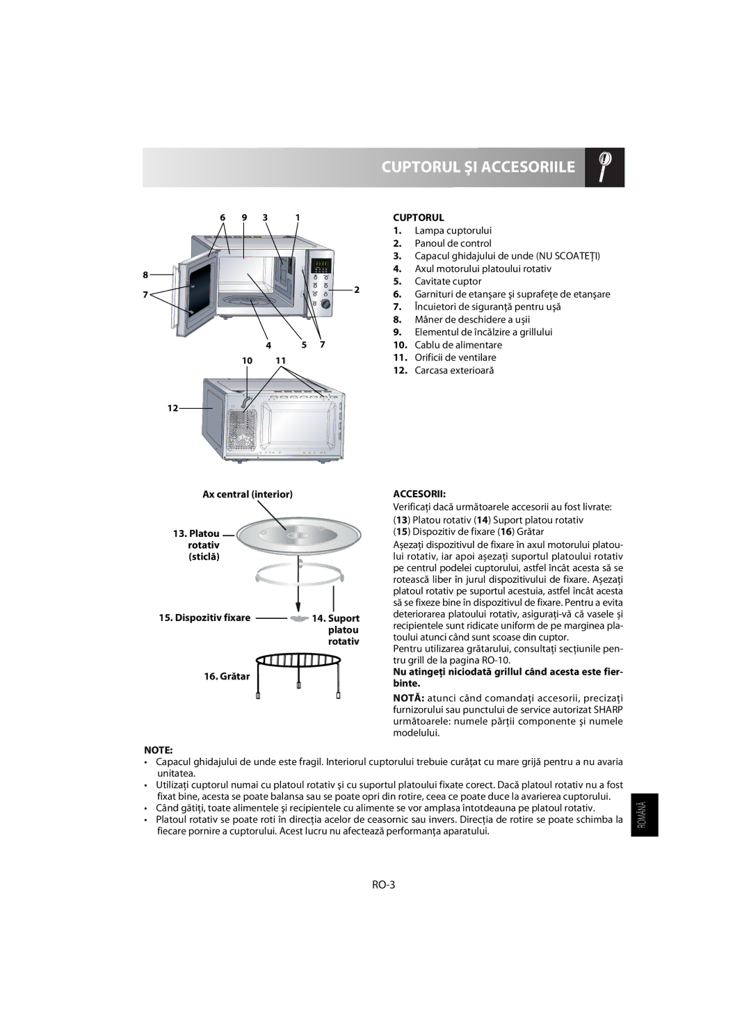 Sharp R-63ST operation manual Cuptorul ŞI Accesoriile, RO-3 