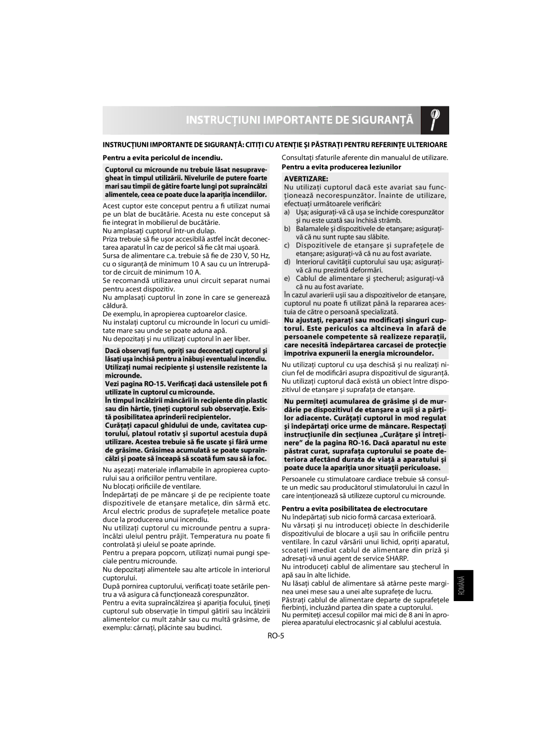 Sharp R-63ST operation manual Instrucţiuni Importante DE Siguranţă, RO-5, Avertizare 