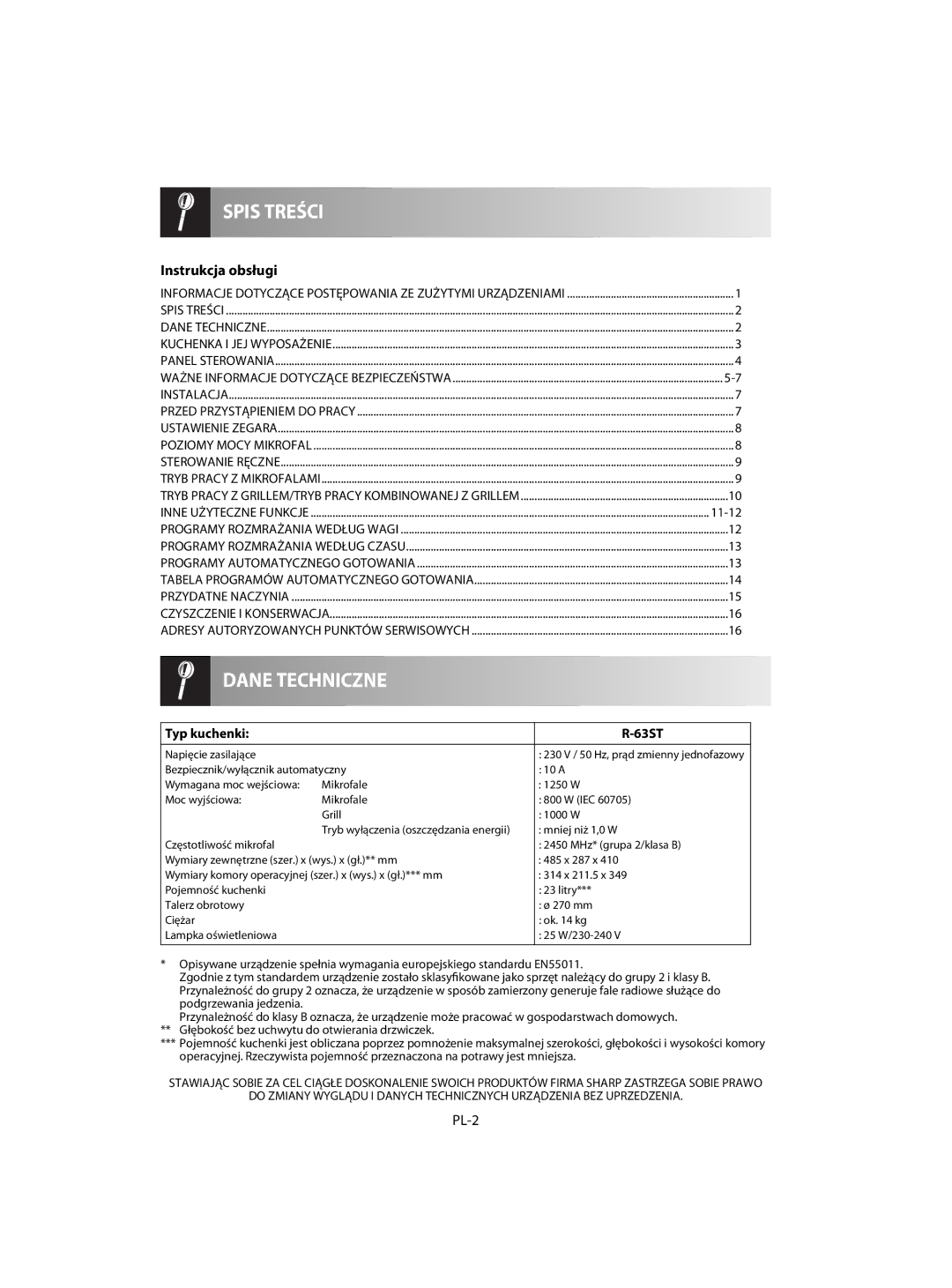 Sharp R-63ST operation manual Instrukcja obsługi, PL-2, 11-12, Typ kuchenki 63ST, Napięcie zasilające 