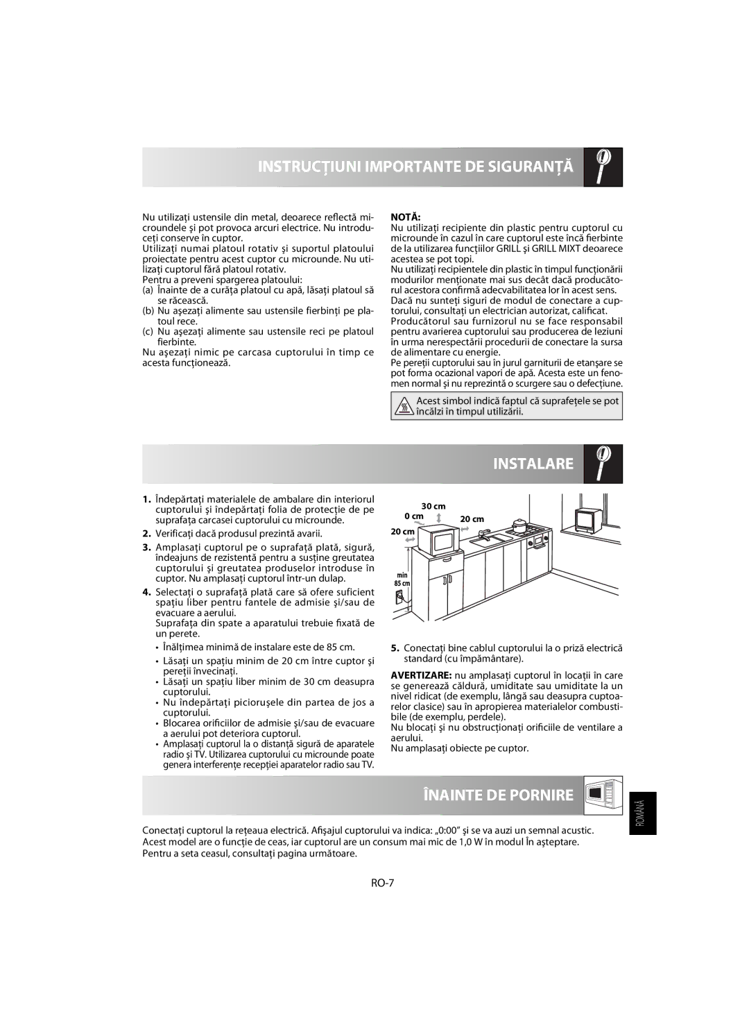 Sharp R-63ST operation manual Instalare, Înainte DE Pornire, RO-7, Notă, Verificaţi dacă produsul prezintă avarii 