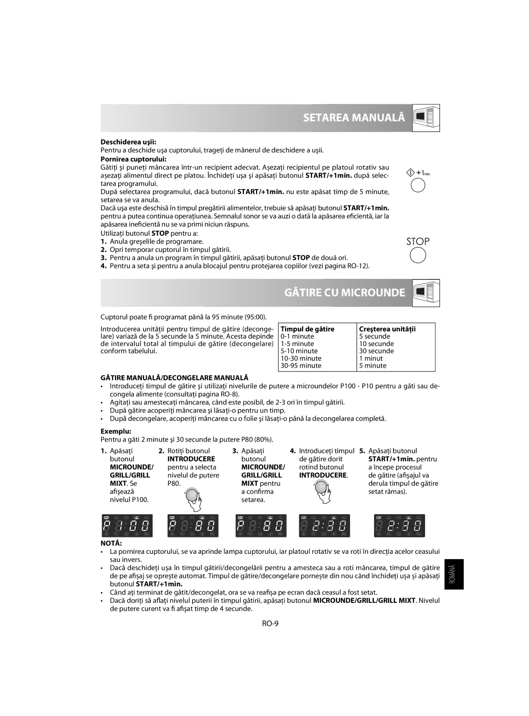 Sharp R-63ST operation manual Setarea Manuală, Gătire CU Microunde, RO-9 