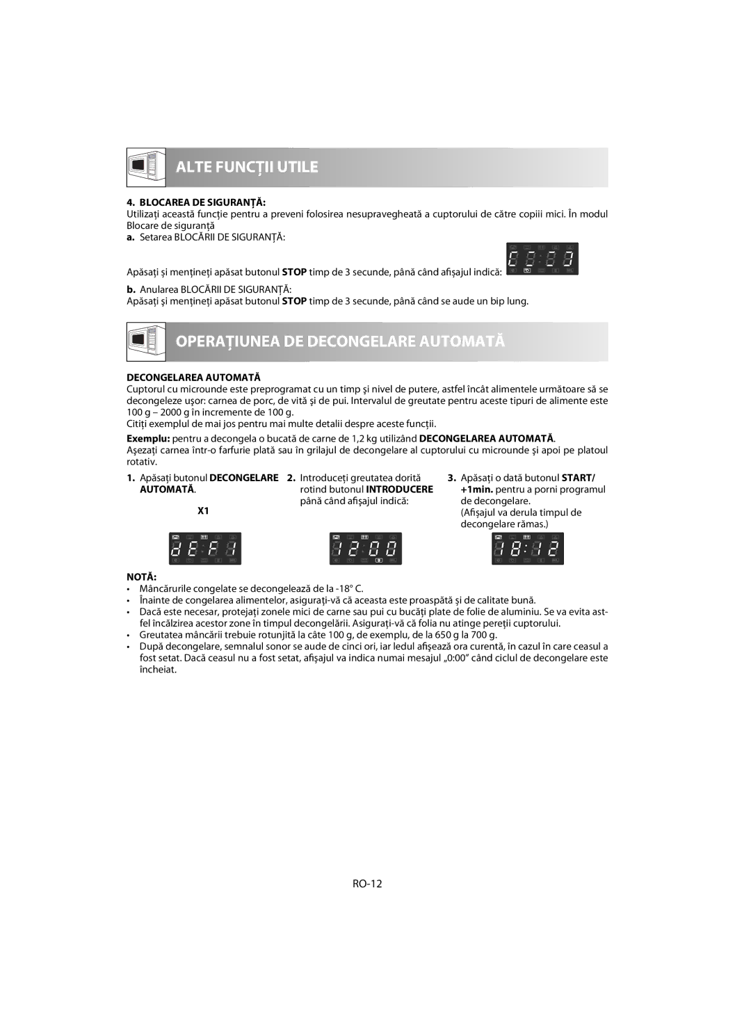 Sharp R-63ST operation manual RO-12, Blocarea DE Siguranţă, Decongelarea Automată, Apăsați butonul Decongelare 2. Automată 