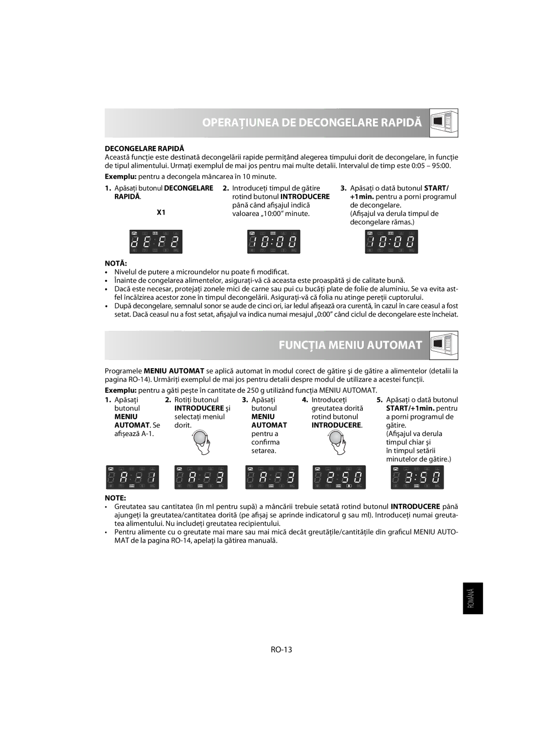 Sharp R-63ST operation manual Operațiunea DE Decongelare Rapidă, Funcţia Meniu Automat, RO-13 