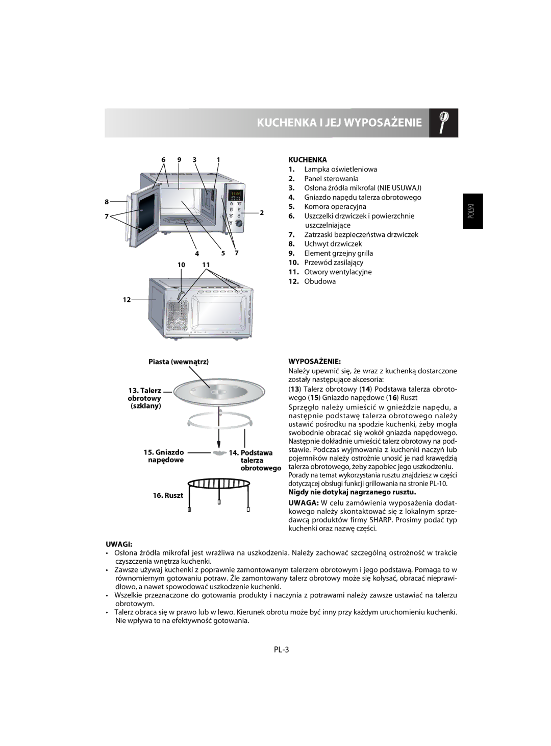 Sharp R-63ST operation manual Kuchenka I JEJ Wyposażenie, PL-3, Uwagi 