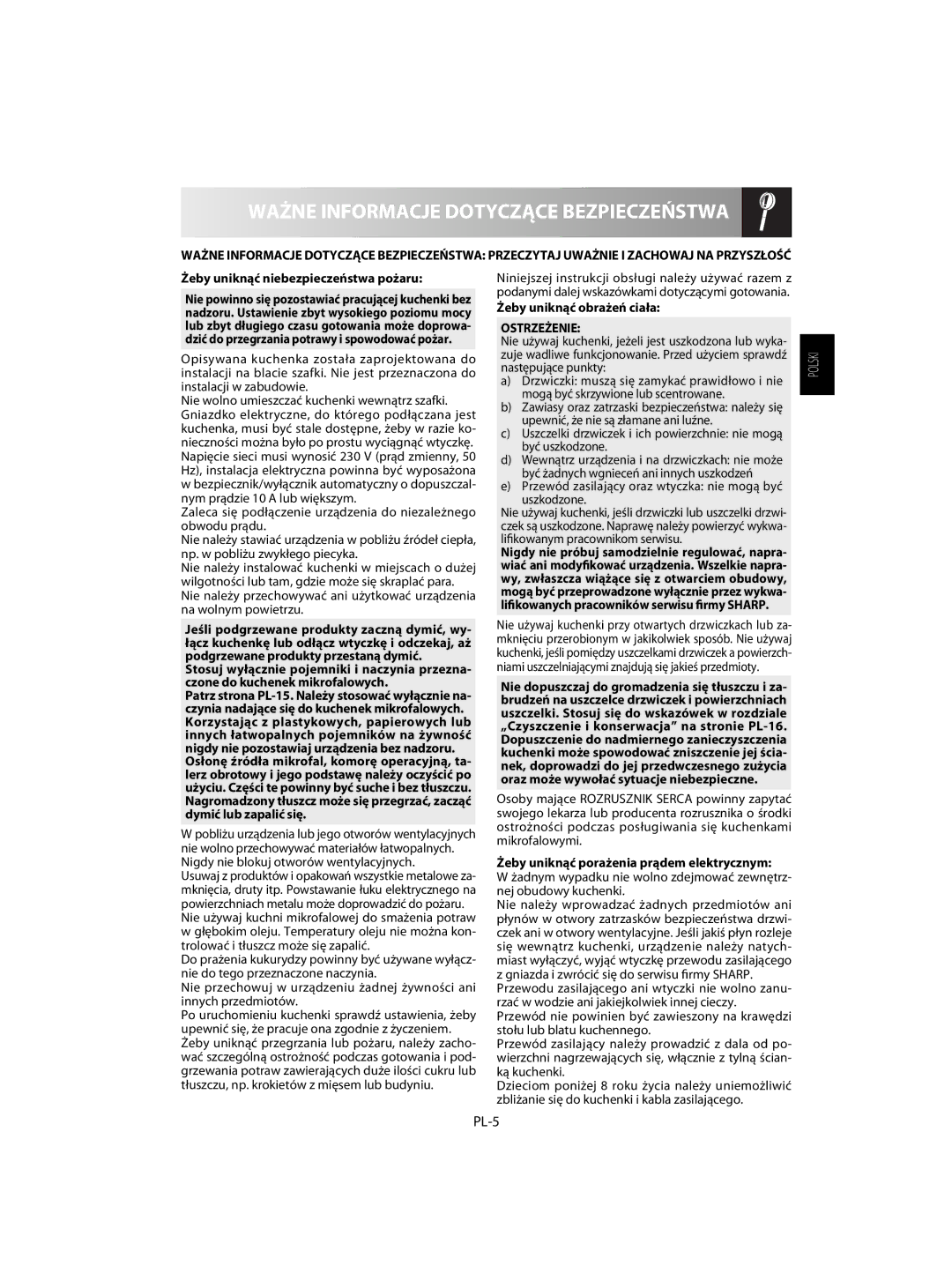 Sharp R-63ST operation manual Ważne Informacje Dotyczące Bezpieczeństwa, PL-5, Ostrzeżenie 