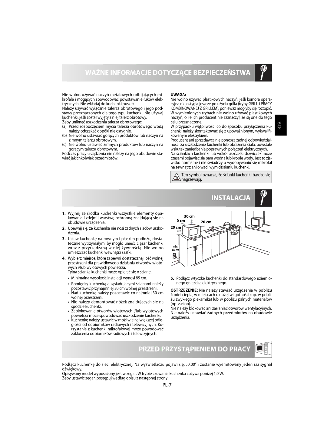 Sharp R-63ST operation manual Instalacja, Przed Przystąpieniem do Pracy, PL-7, Uwaga 