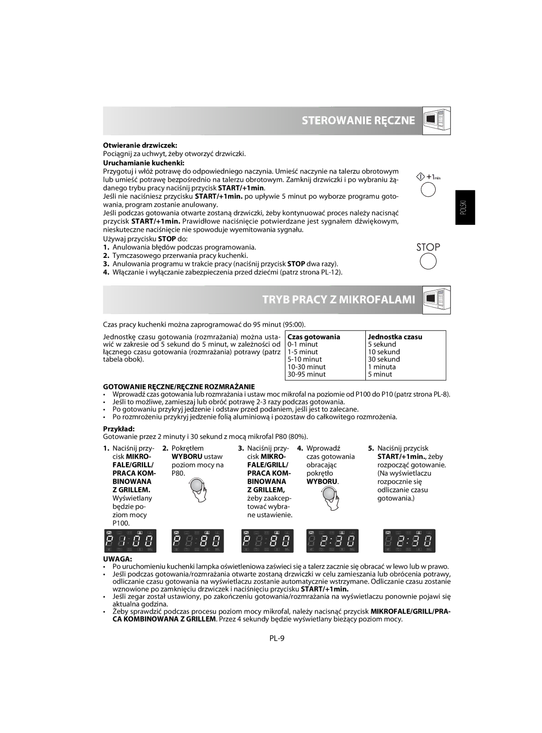 Sharp R-63ST operation manual Sterowanie Ręczne, Tryb Pracy Z Mikrofalami, PL-9 