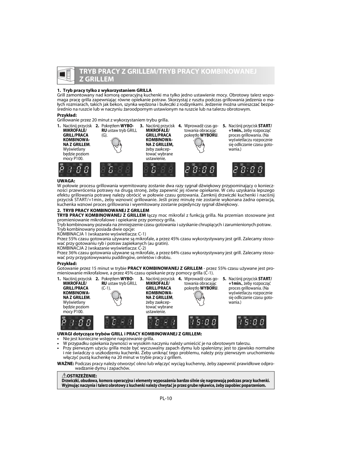 Sharp R-63ST operation manual PL-10, Mikrofale, Grill/Praca, Tryb Pracy Kombinowanej Z Grillem 