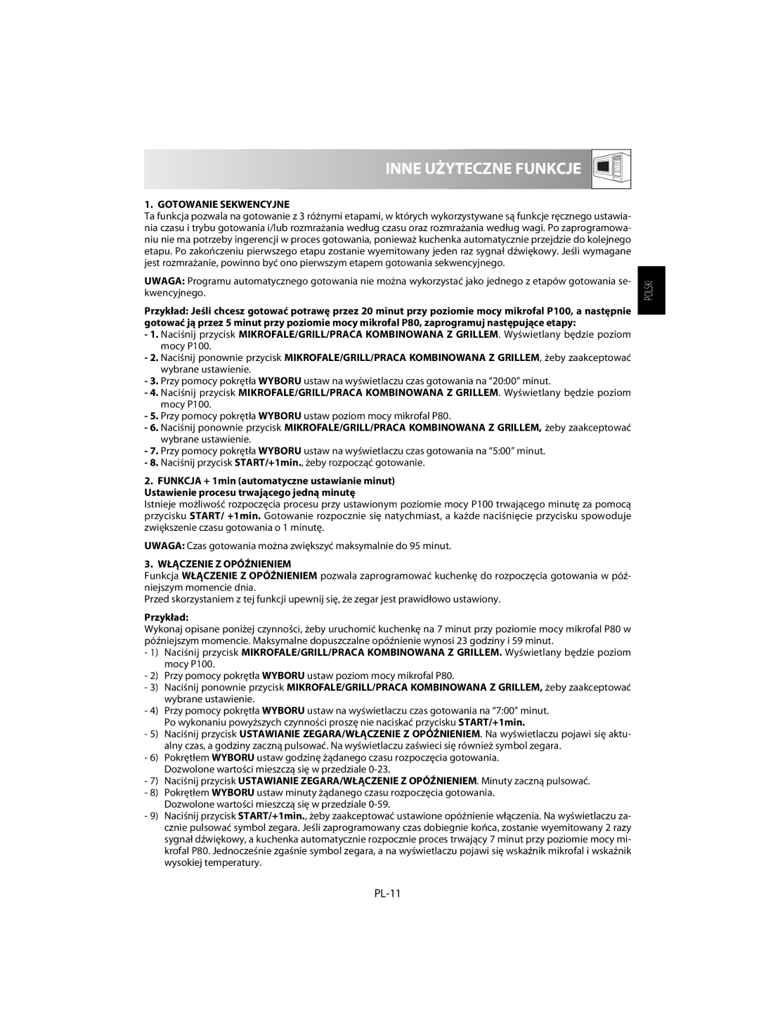 Sharp R-63ST operation manual Inne Użyteczne Funkcje, PL-11, Gotowanie Sekwencyjne, Włączenie Z Opóźnieniem 