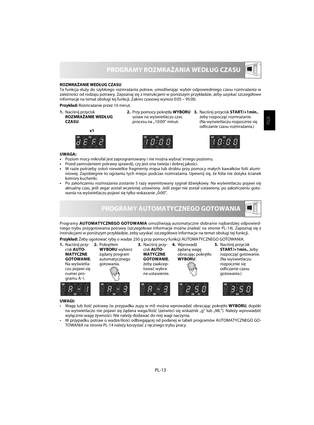 Sharp R-63ST operation manual Programy Rozmrażania Według Czasu, Programy Automatycznego Gotowania, PL-13 