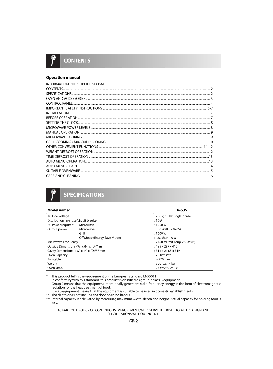 Sharp R-63ST operation manual GB-2, Model name 63ST, 11-12 