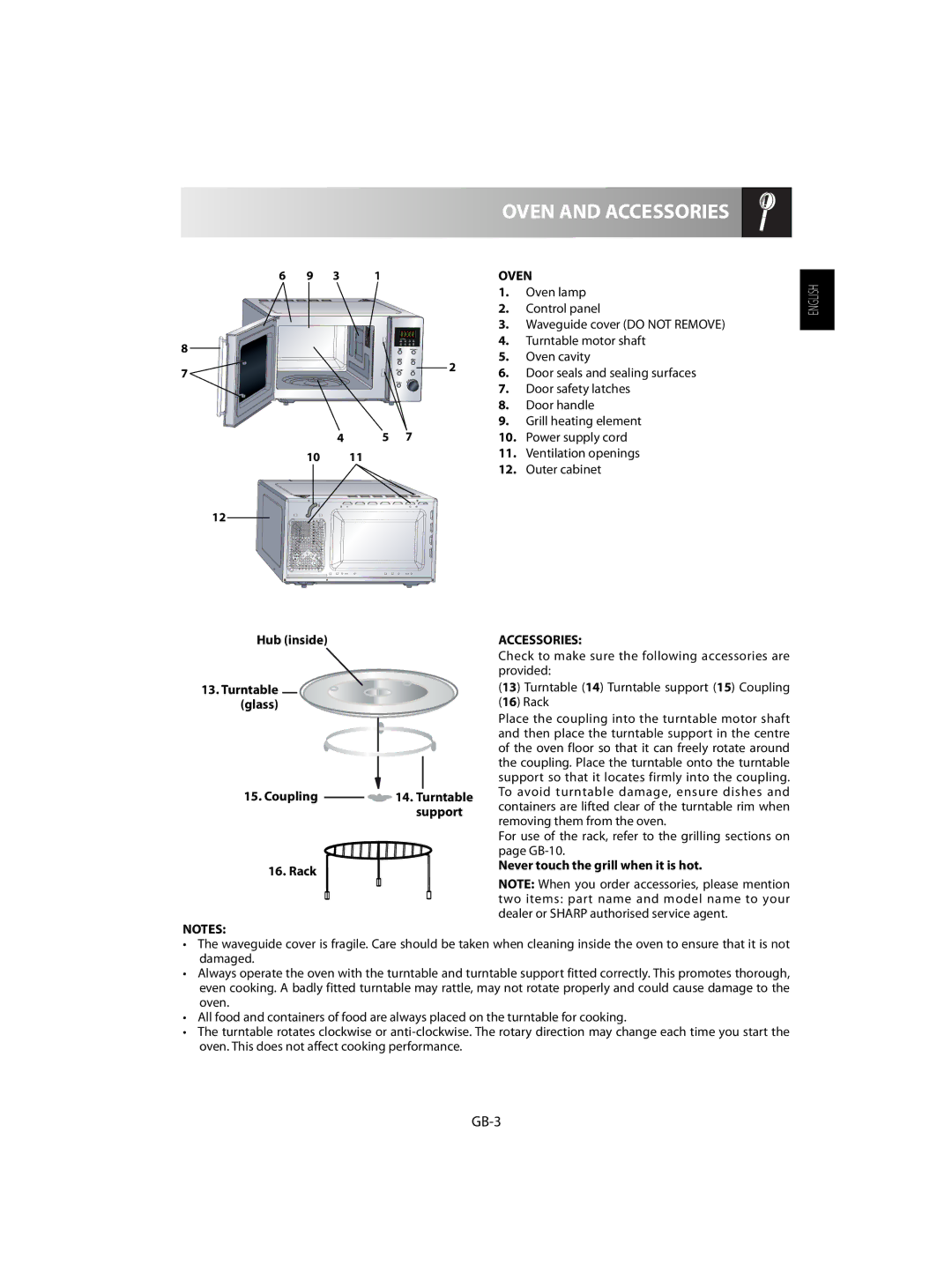 Sharp R-63ST operation manual Oven and Accessories, GB-3 