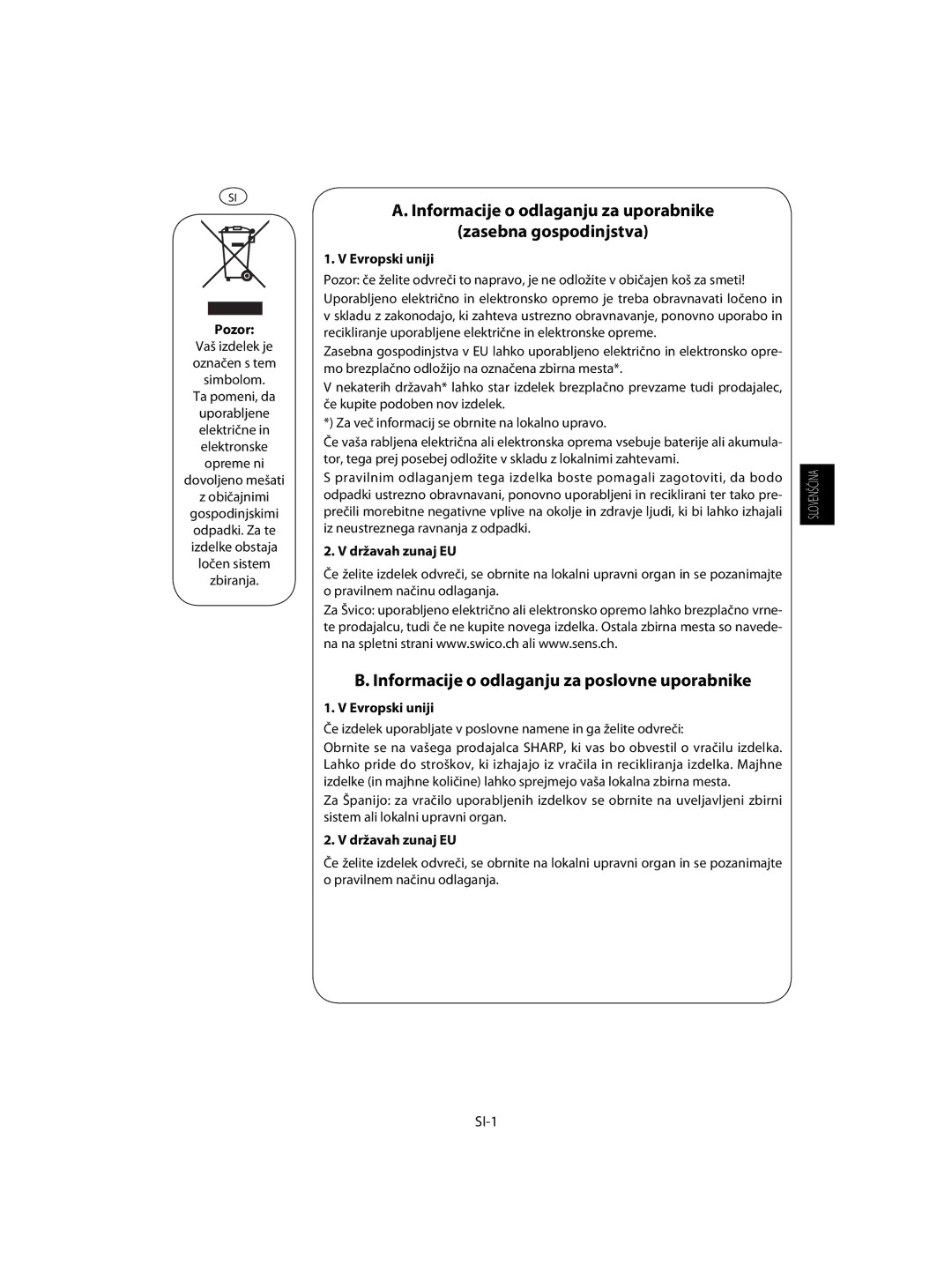 Sharp R-63ST operation manual Pozor, Evropski uniji, Državah zunaj EU, SI-1 