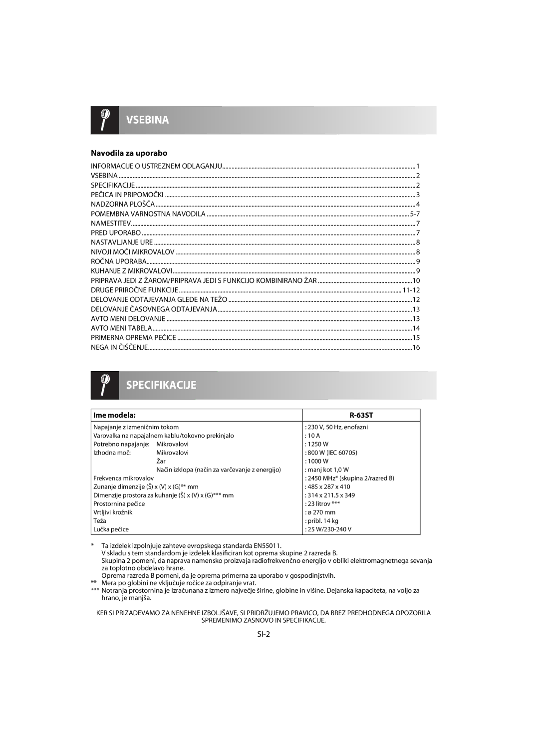 Sharp R-63ST operation manual Navodila za uporabo, SI-2, Ime modela 63ST, 2450 MHz* skupina 2/razred B 