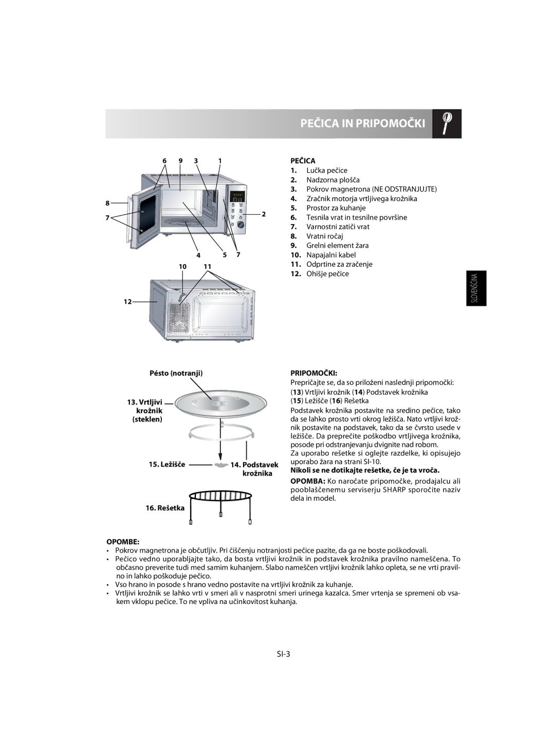 Sharp R-63ST operation manual Pečica in Pripomočki, SI-3, Opombe 