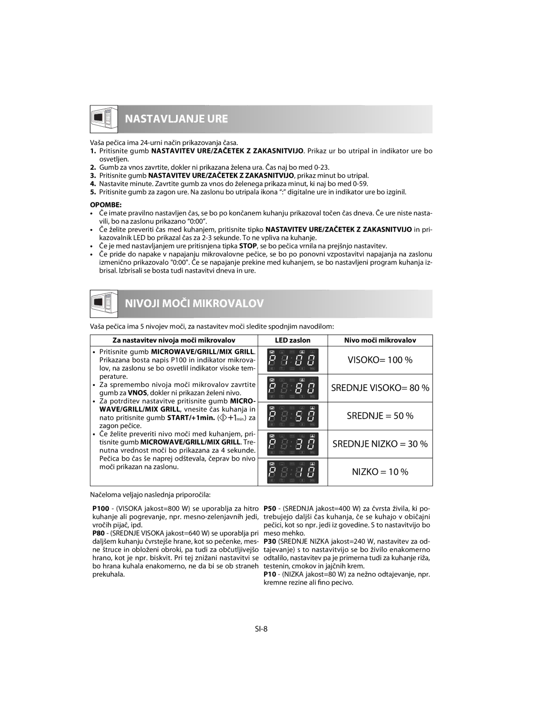 Sharp R-63ST operation manual Srednje = 50 %, SI-8, Za nastavitev nivoja moči mikrovalov LED zaslon 