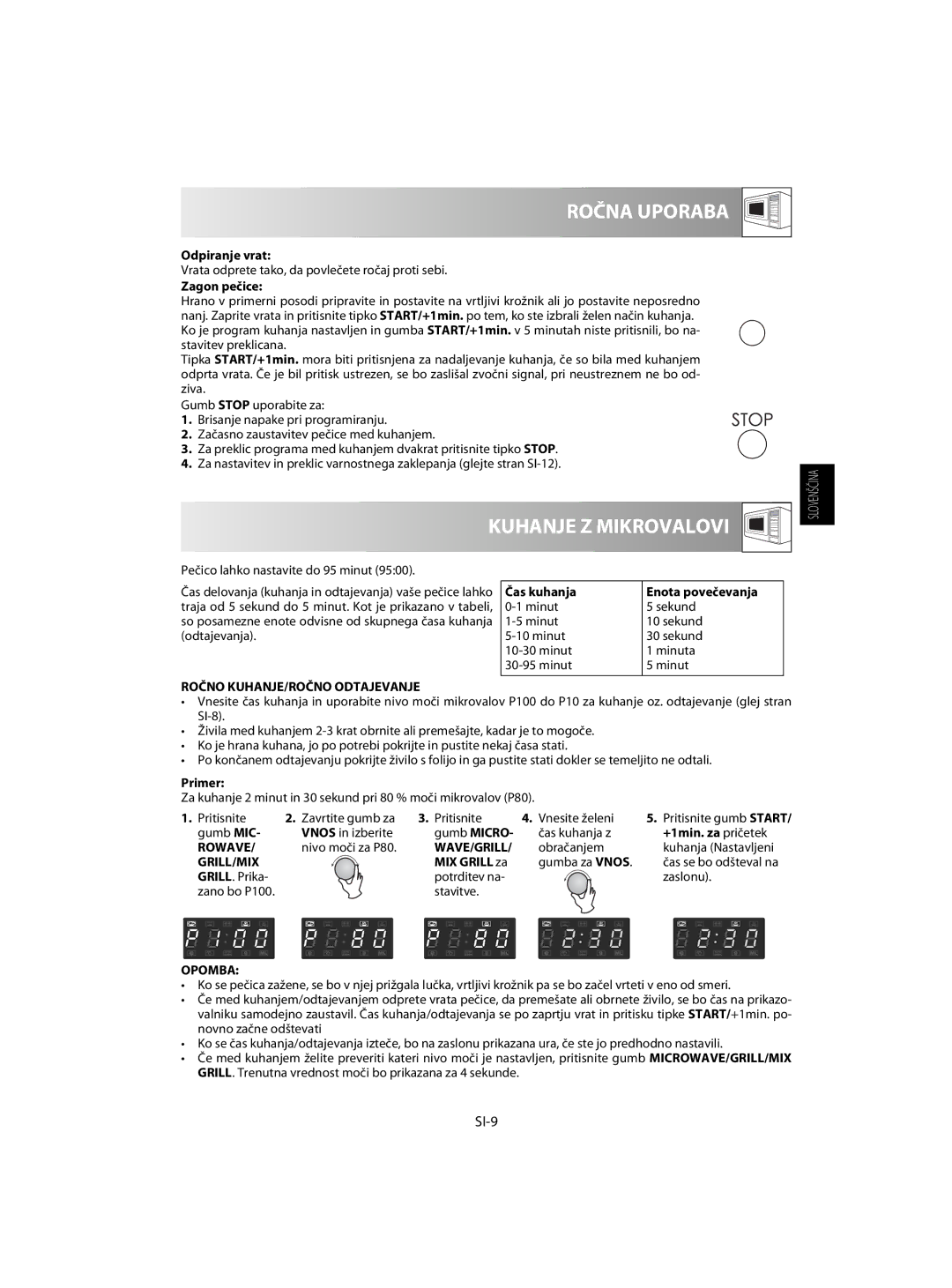 Sharp R-63ST operation manual Ročna Uporaba, Kuhanje Z Mikrovalovi, SI-9 