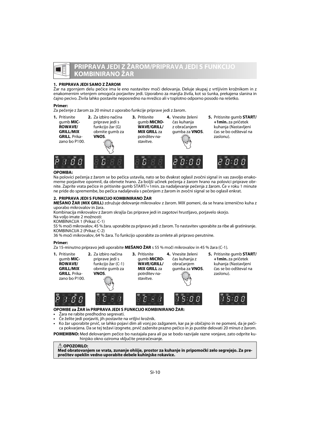 Sharp R-63ST operation manual SI-10, Priprava Jedi Samo Z Žarom, Vnos, Priprava Jedi S Funkcijo Kombinirano ŽAR 