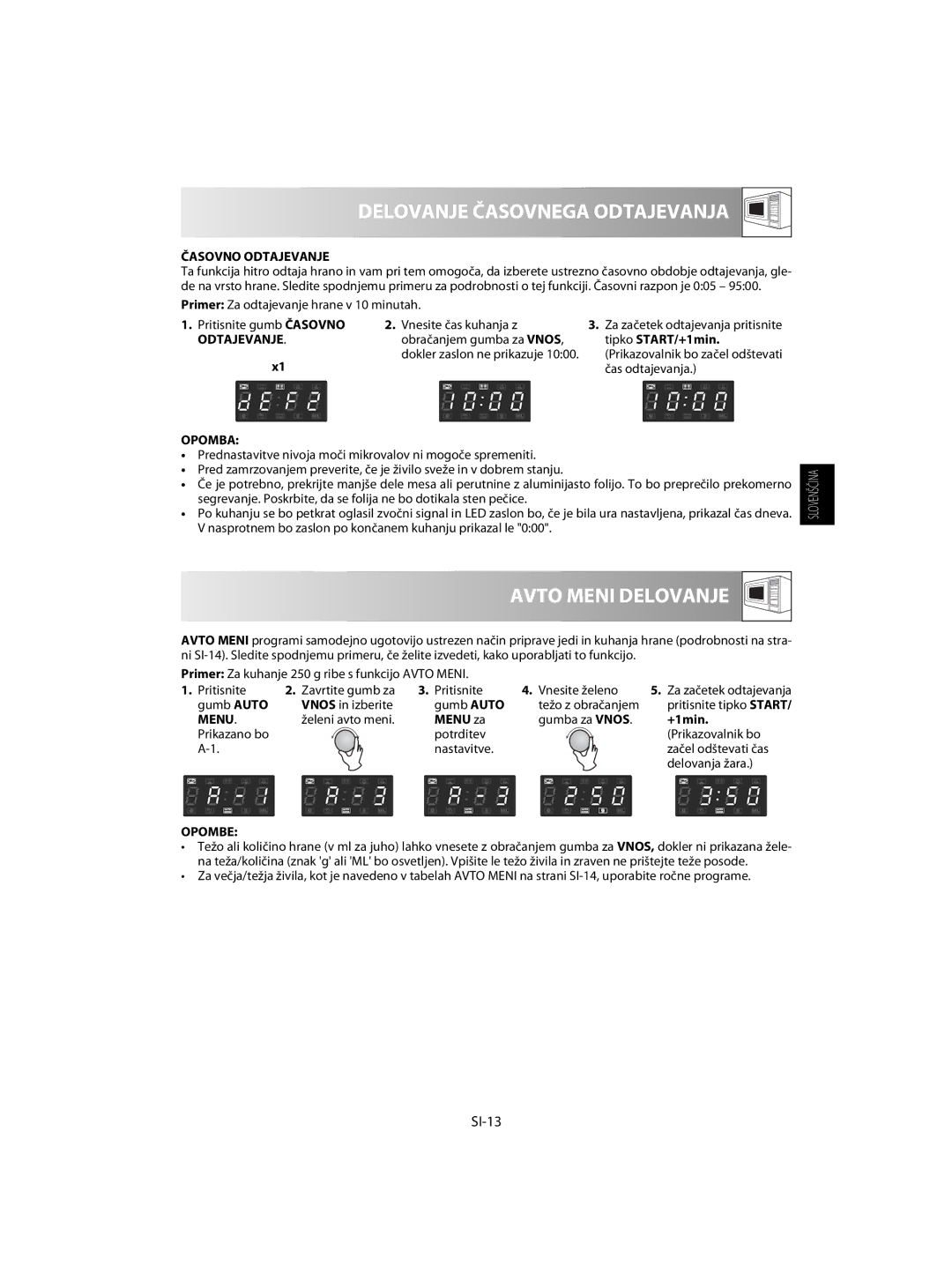 Sharp R-63ST operation manual Delovanje Časovnega Odtajevanja, Avto Meni Delovanje, SI-13, Časovno Odtajevanje, Menu 