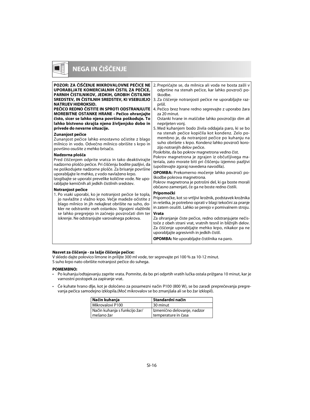 Sharp R-63ST operation manual SI-16, Pomembno 