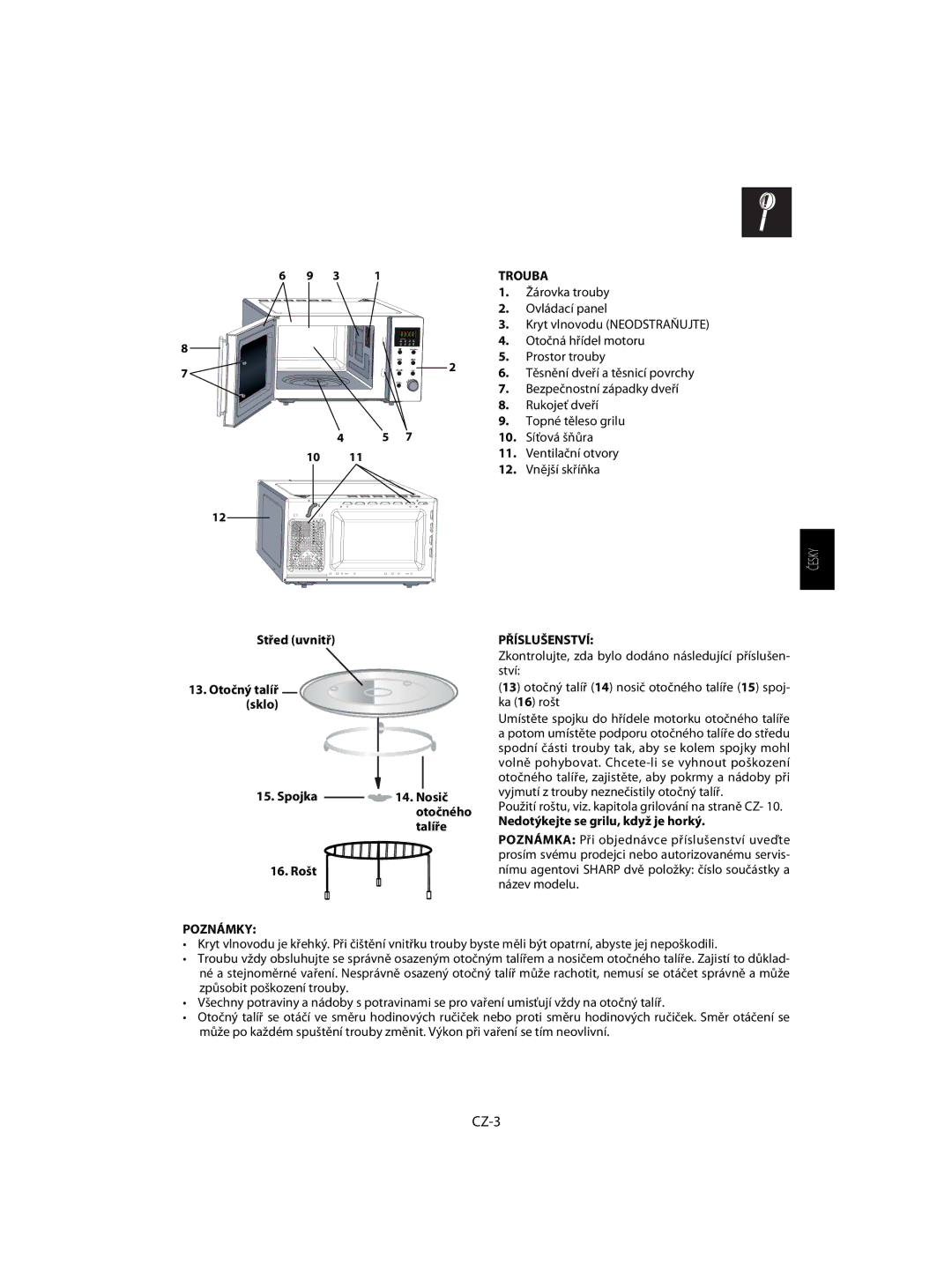 Sharp R-63ST operation manual Trouba a Příslušenství, CZ-3, Poznámky 