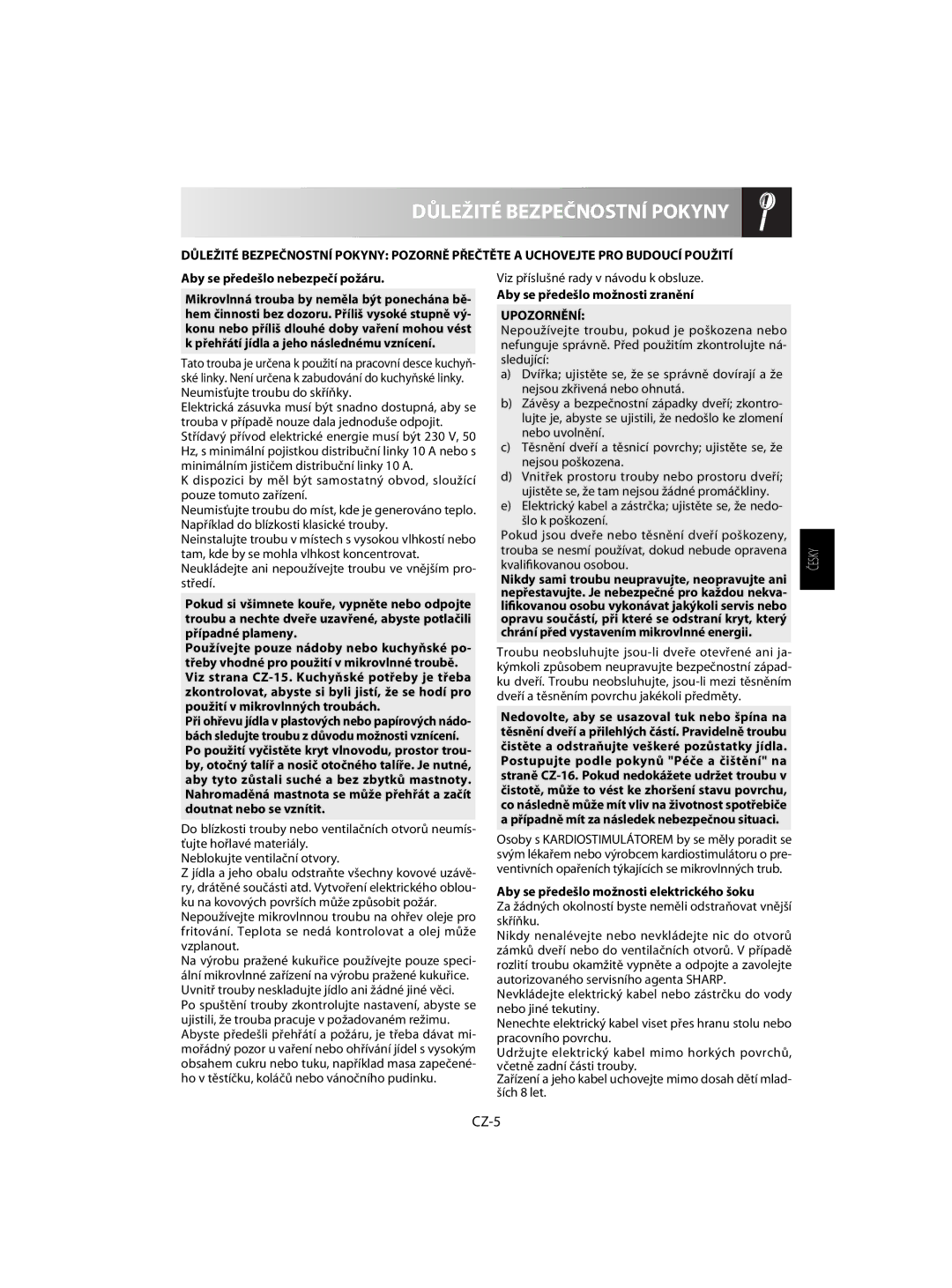 Sharp R-63ST operation manual Důležité Bezpečnostní Pokyny, CZ-5, Upozornění 