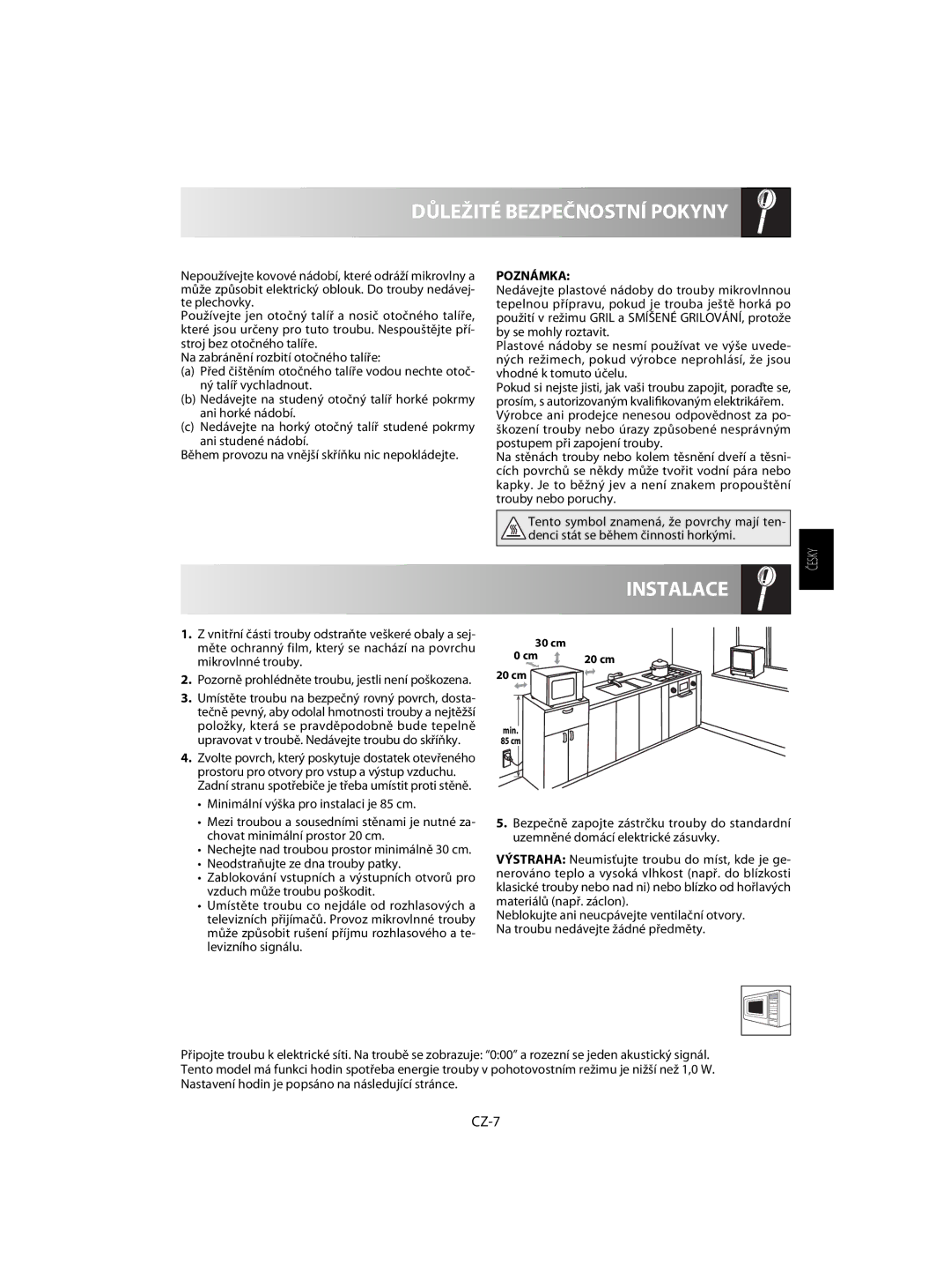 Sharp R-63ST operation manual Instalace, Před Použitím, CZ-7, Poznámka 