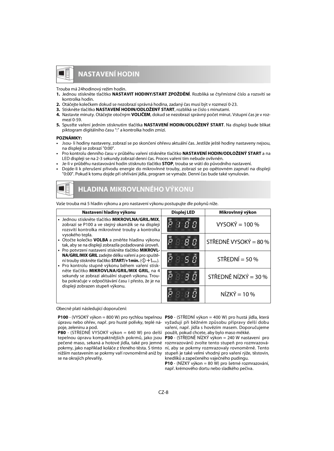 Sharp R-63ST operation manual Vysoký = 100 %, Střední = 50 %, CZ-8, Nastavení hladiny výkonu Displej LED 