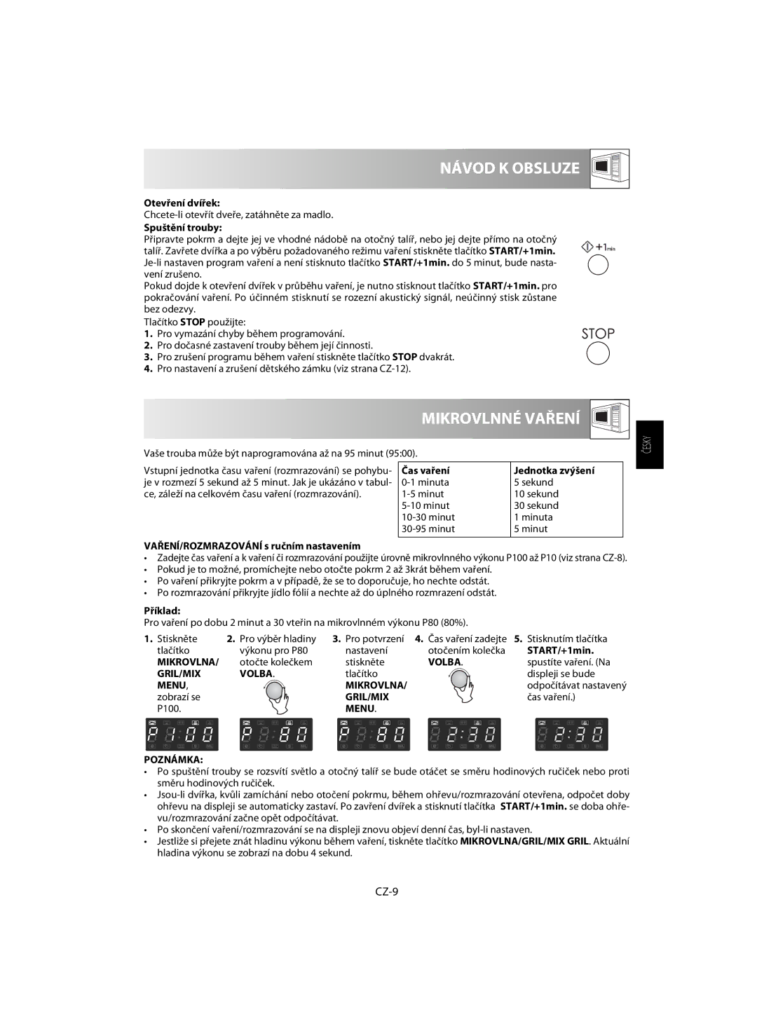 Sharp R-63ST operation manual Návod K Obsluze, Mikrovlnné Vaření, CZ-9 