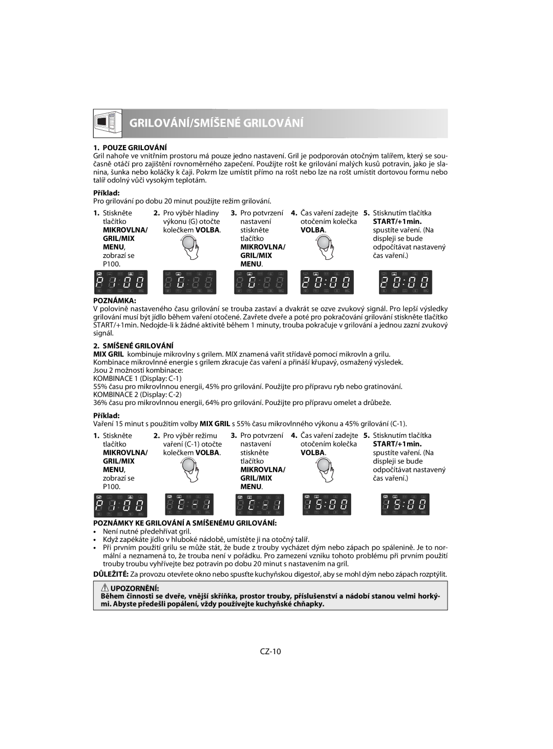 Sharp R-63ST CZ-10, Pouze Grilování, Menu Poznámka, Smíšené Grilování, Menu Poznámky KE Grilování a Smíšenému Grilování 