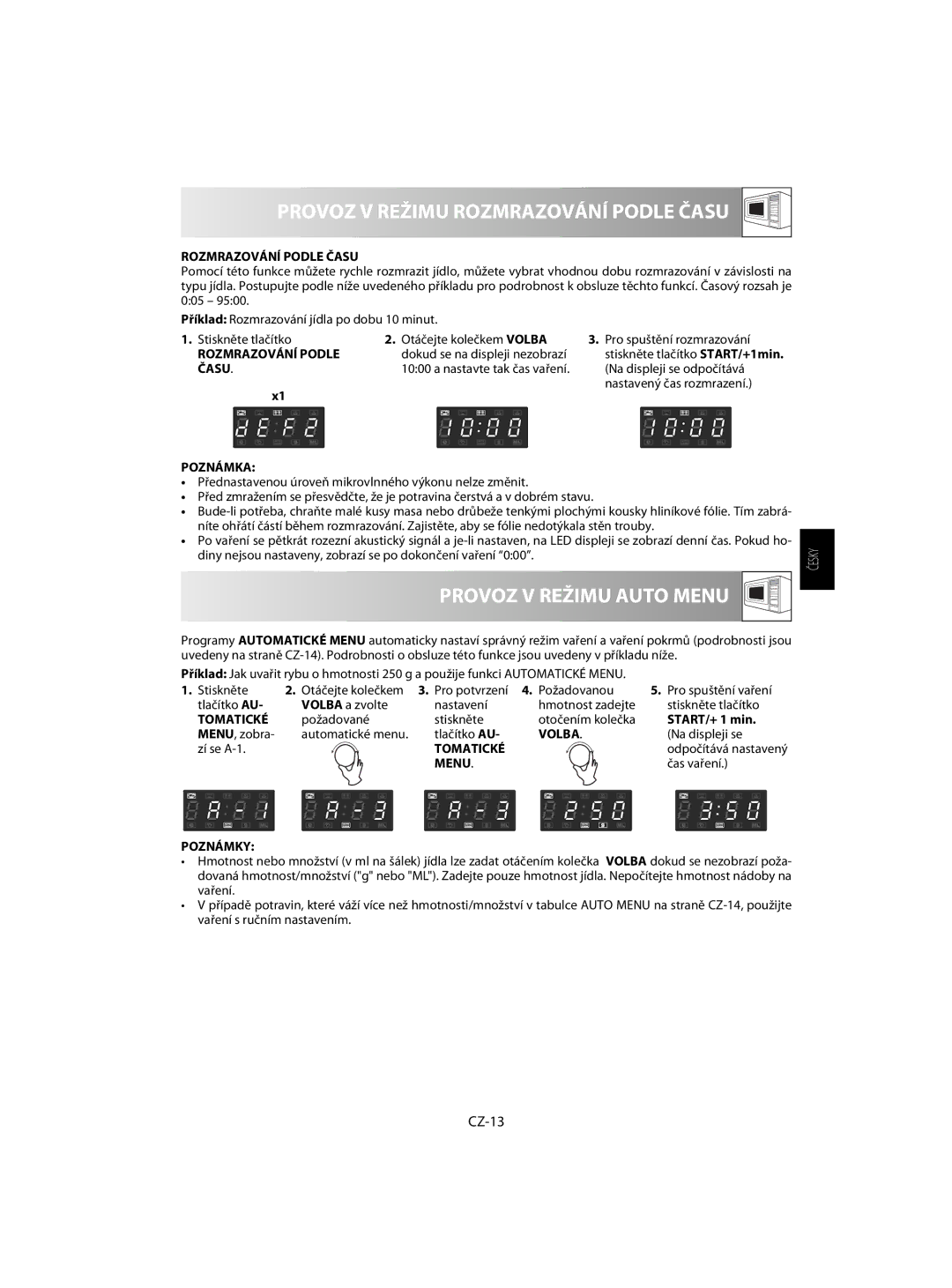 Sharp R-63ST operation manual Provoz V Režimu Rozmrazování Podle Času, Provoz V Režimu Auto Menu, CZ-13 