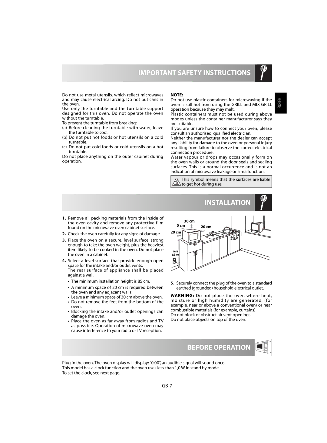 Sharp R-63ST operation manual Installation, Before Operation, GB-7, Leave a minimum space of 30 cm above the oven 