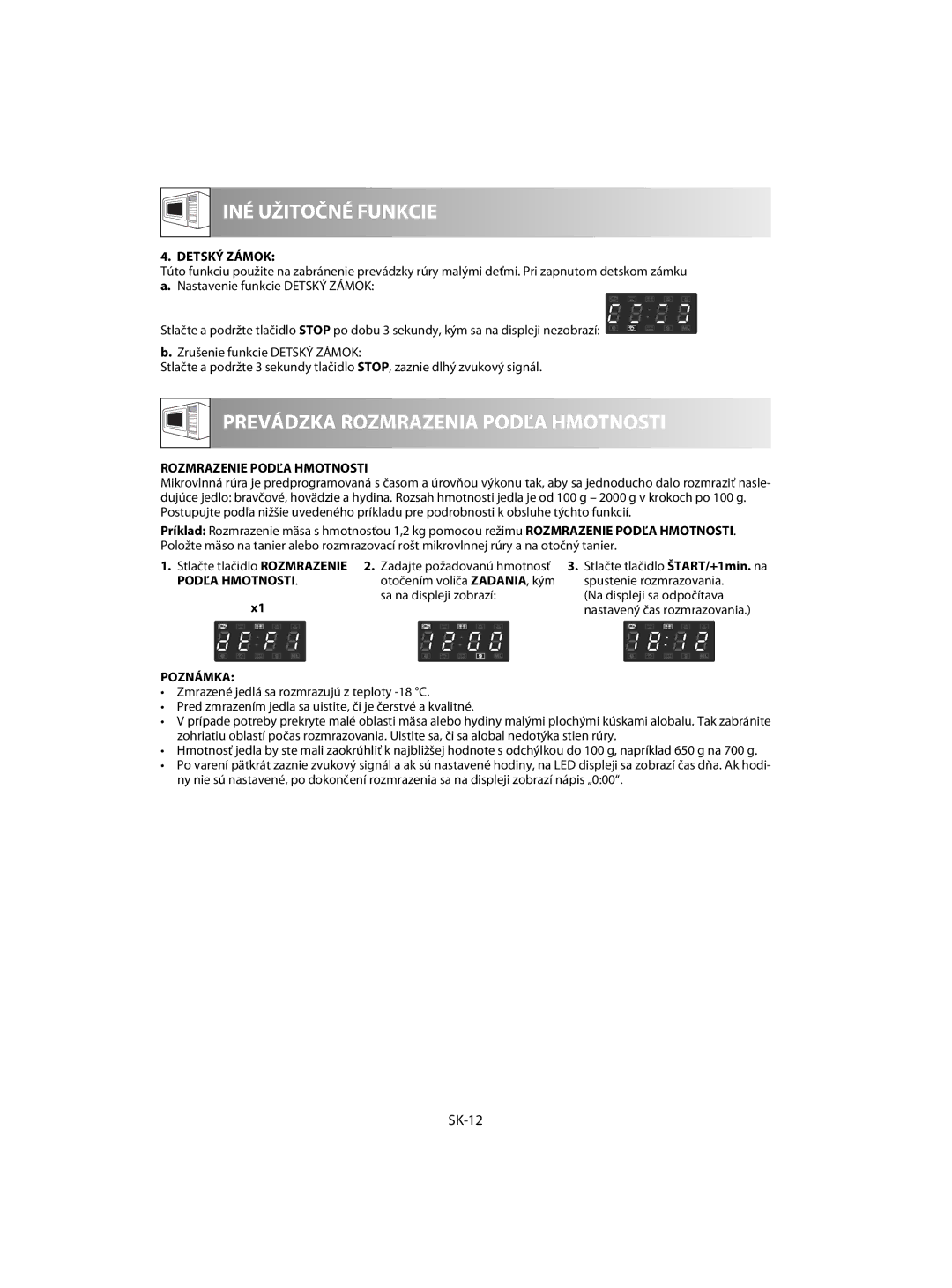 Sharp R-63ST operation manual SK-12, Detský Zámok, Rozmrazenie Podľa Hmotnosti 