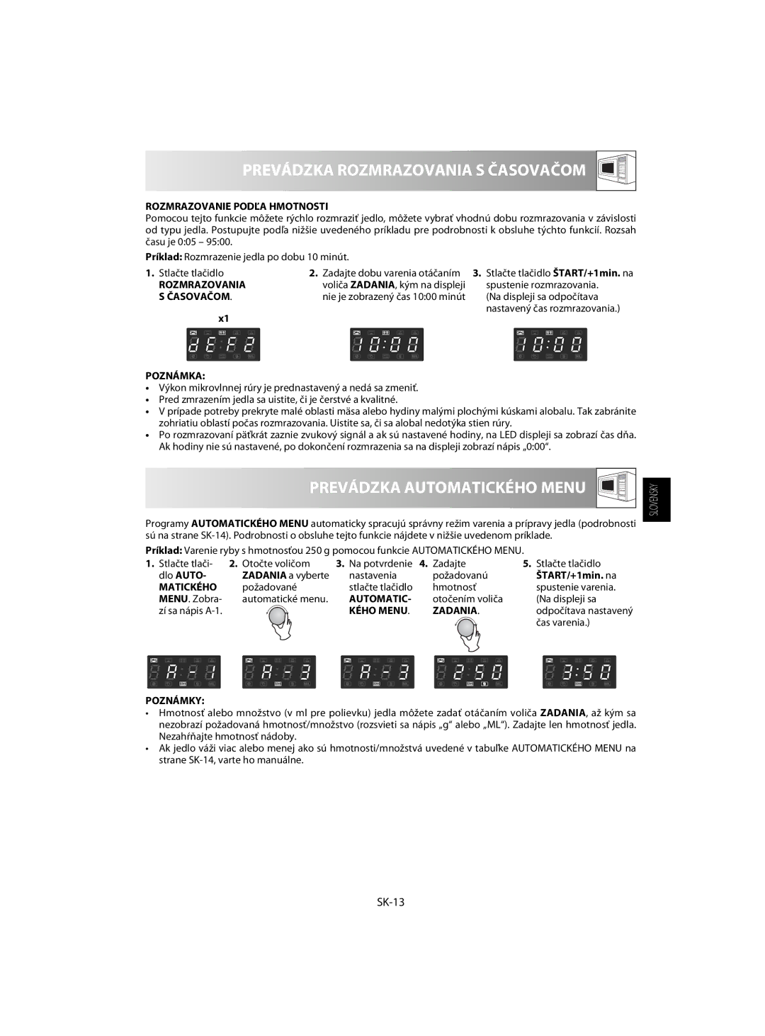 Sharp R-63ST operation manual Prevádzka Rozmrazovania S Časovačom, Prevádzka Automatického Menu, SK-13 