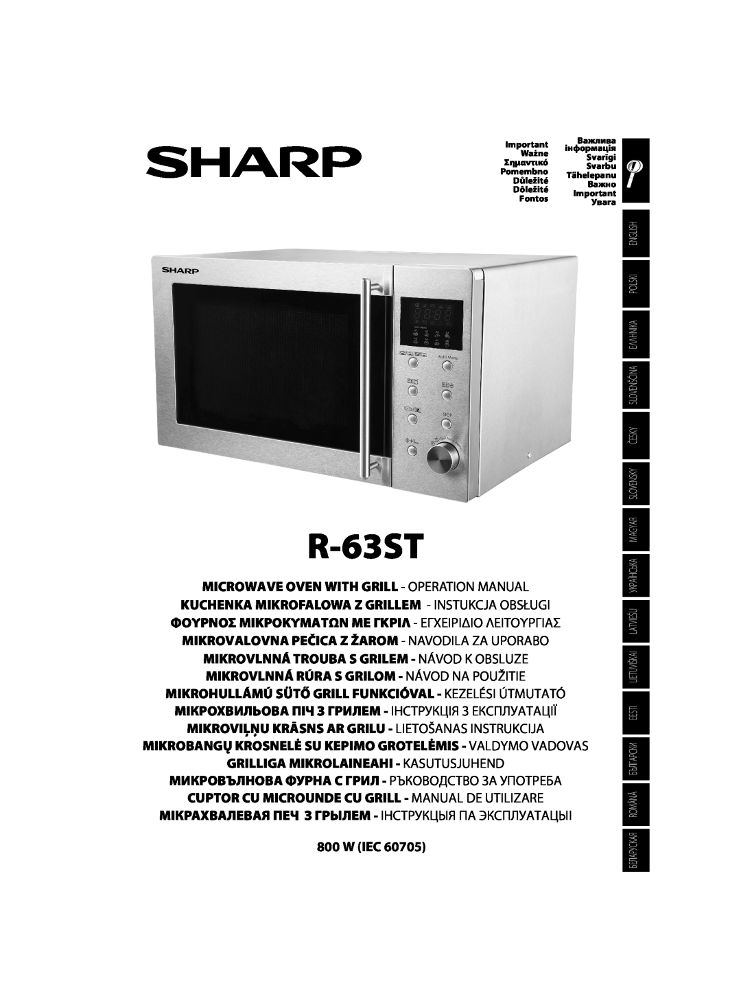 Sharp R-63ST operation manual Microwave Oven With Grill - Operation Manual, W Iec 
